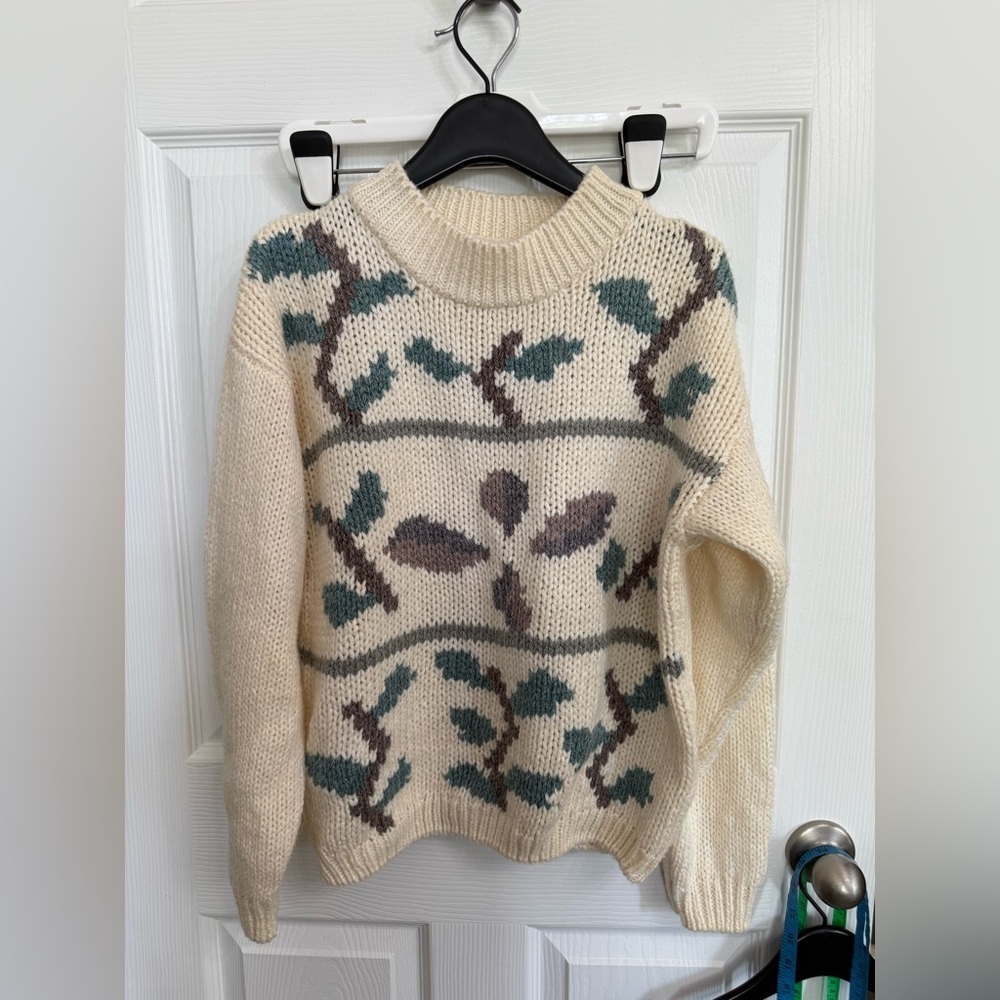 Vintage Easton Par Sweater Large Ramie Blend Knit Leaf Pattern 80s 90s Cream
